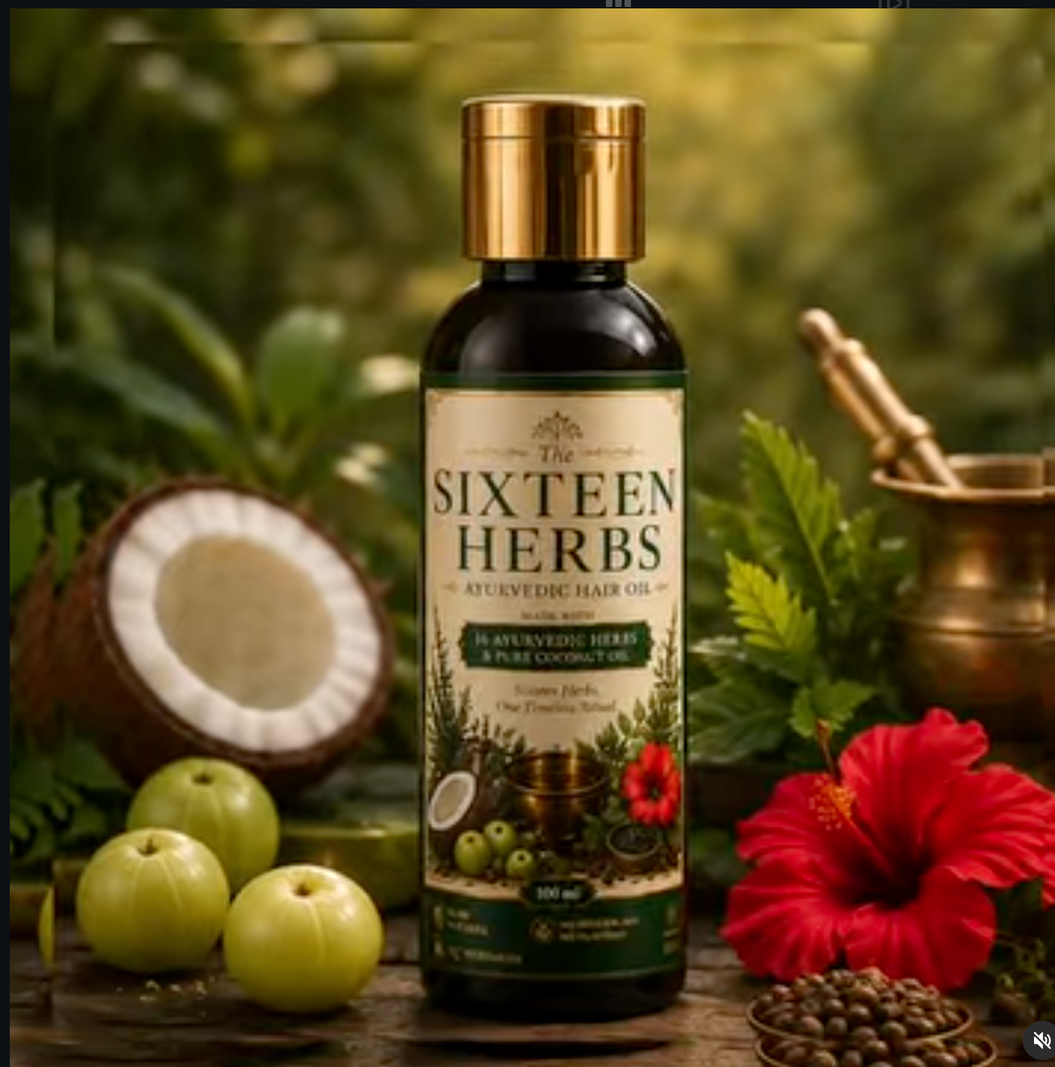 Bottle of The Sixteen Herbs Ayurvedic Hair Oil with herbs