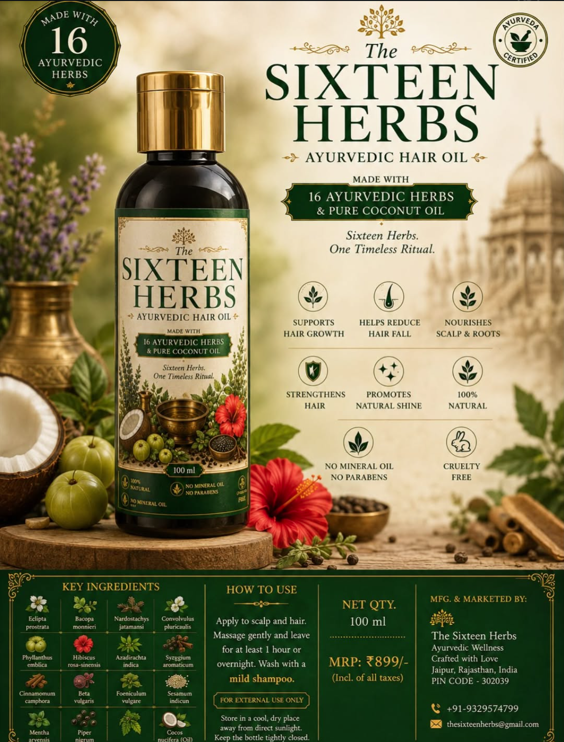 The Sixteen Herbs Ayurvedic Hair Oil bottle with coconut, amla, hibiscus, and Ayurvedic botanicals